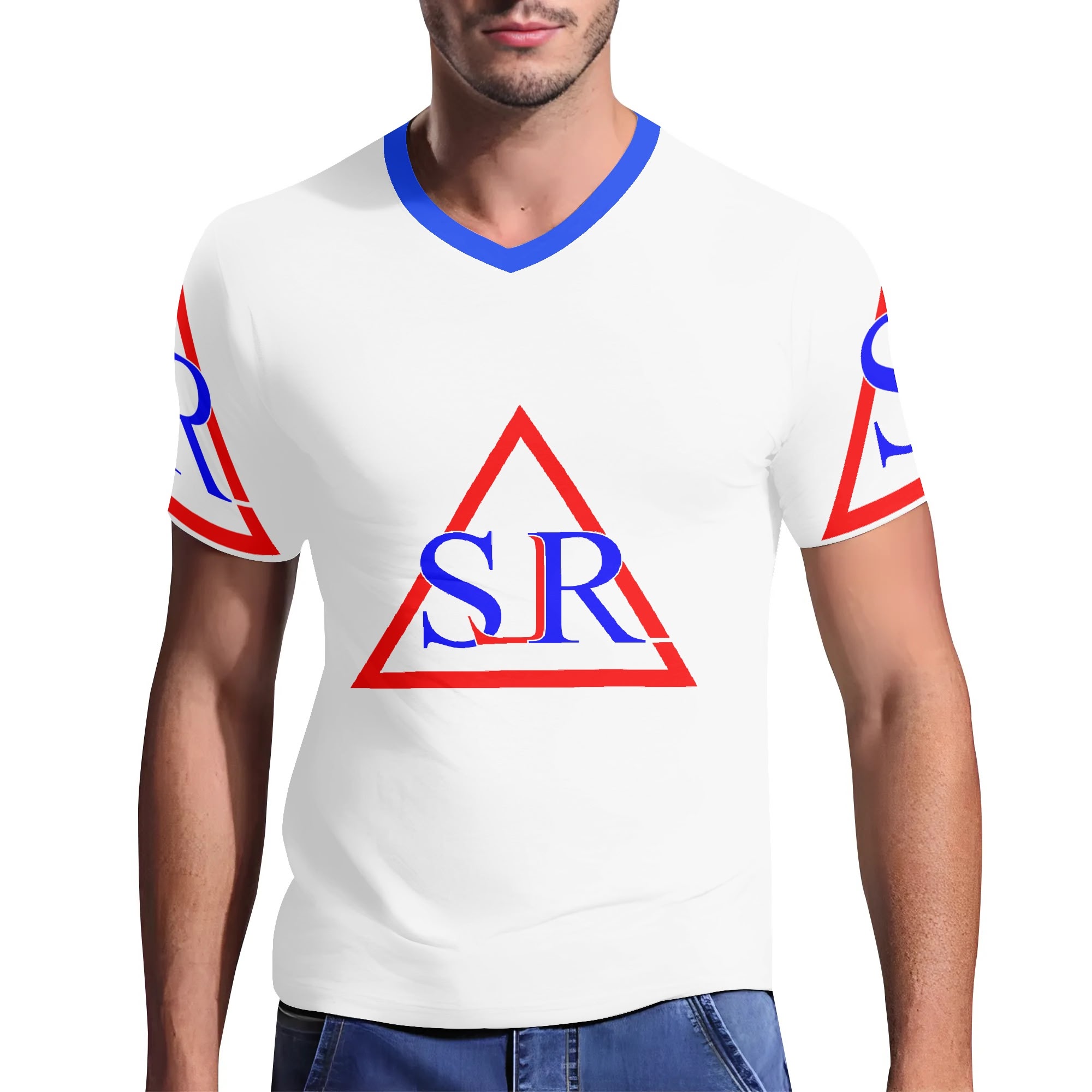SLR Men's WHITE/RED/ROYAL BLUE Short Sleeve V Neck T-shirt - Image 3
