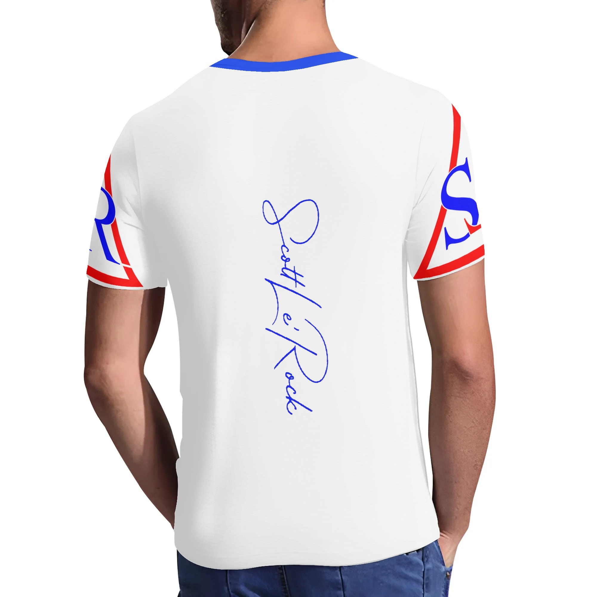 SLR Men's WHITE/RED/ROYAL BLUE Short Sleeve V Neck T-shirt - Image 4